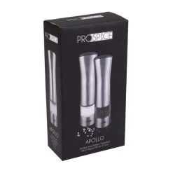 PROSPICE "APOLLO" STAINLESS STEEL BATTERY OPERATED SALT & PEPPER MILL SET 21.5CM -Kitchen Sale Shop 2401 b