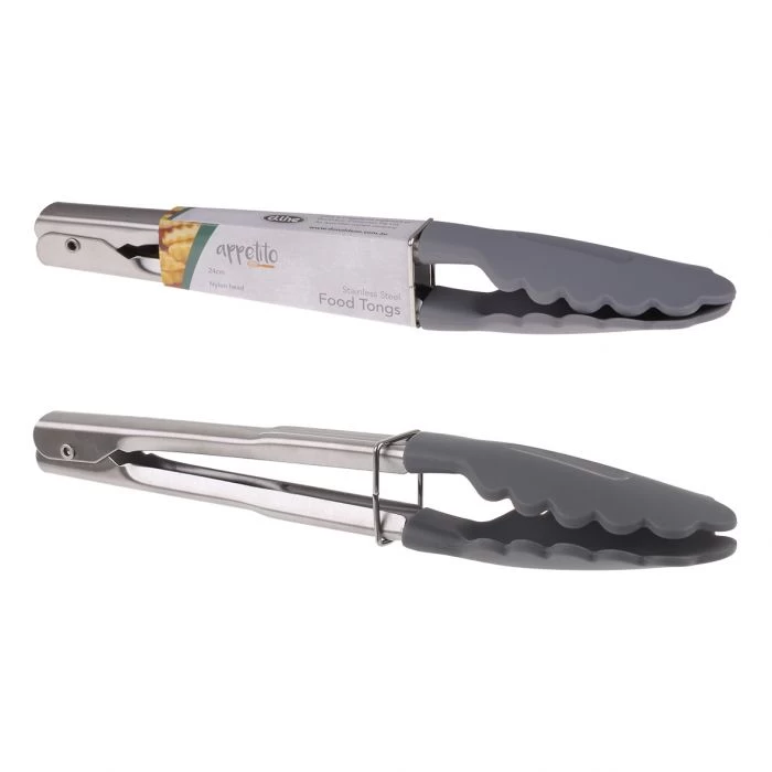APPETITO STAINLESS STEEL TONGS W/ NYLON HEAD 24CM - CHARCOAL 2 APPETITO STAINLESS STEEL TONGS W/ NYLON HEAD 24CM - CHARCOAL