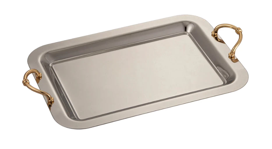Sabreena Stainless Steel Serving Tray With Modern Gold Handle 3 Sabreena Stainless Steel Serving Tray With Modern Gold Handle